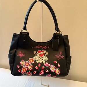 Ed Hardy Black and Pink Skull Floral Shoulder Bag